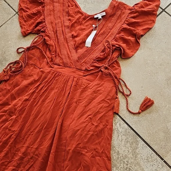 NWT Baltic Born Burnt Orange Maxi Flowy Vheck Dress Short Sleeve Sz 6 - Picture 3 of 9